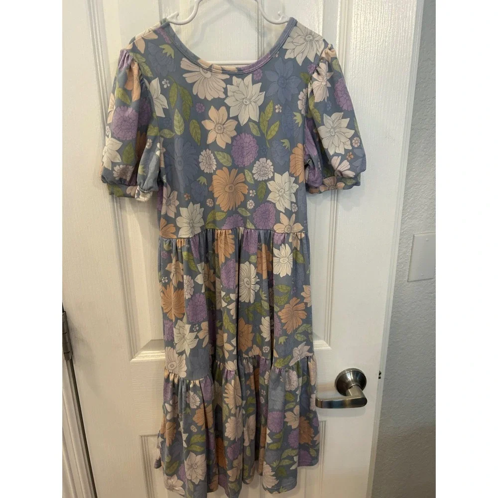 Dot‎ Dot Smile Girls Floral Tiered Knit Dress Blue Purple Puff Sleeve 8/10 k7099